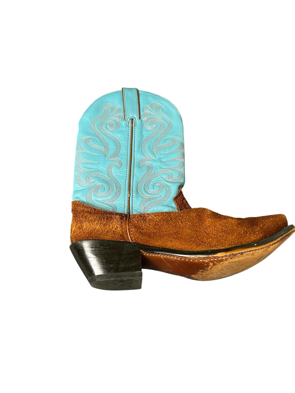 Durango Western Cowboy Boots with Turquoise Shaft and Brown Suede Foot - Picture 4 of 6